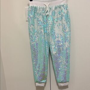 NWOT More Than Magic Metallic Sparkle Teal Sequin Mermaid Girls Sweat Pants.